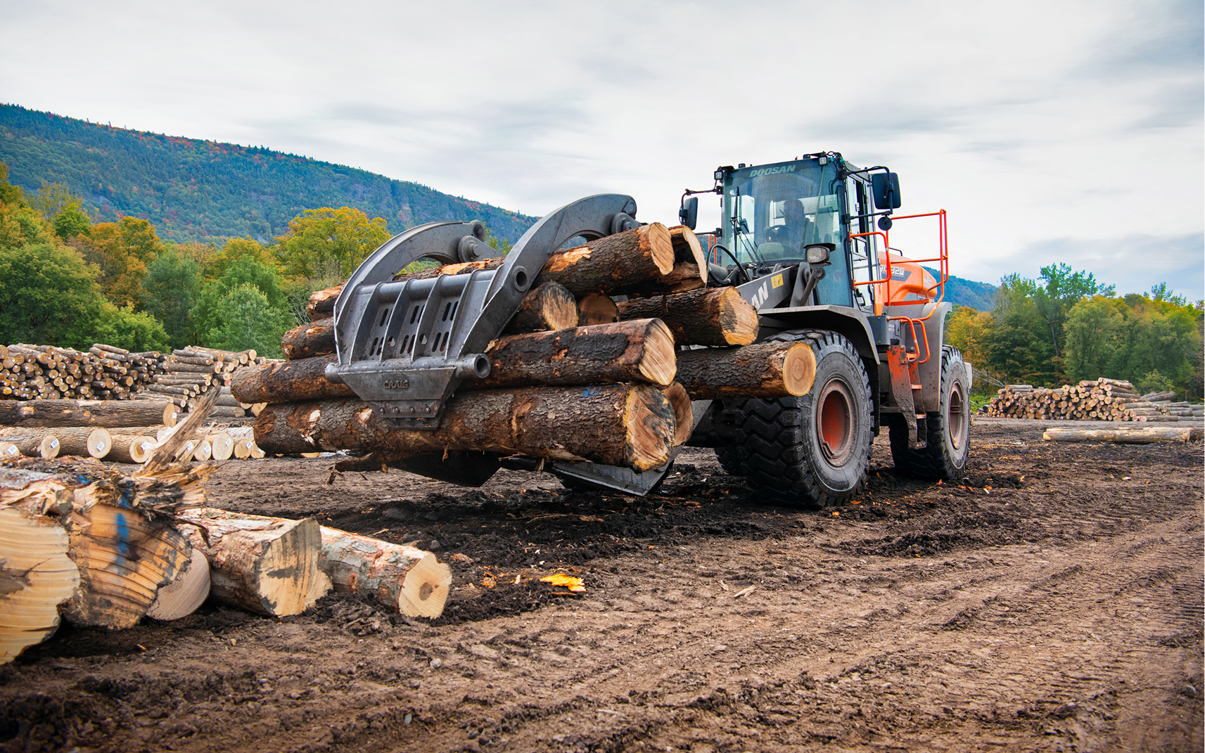 A Doosan DL320-7 wheel loader operator uses a log grapple to carry timber to the sawmill for processing.