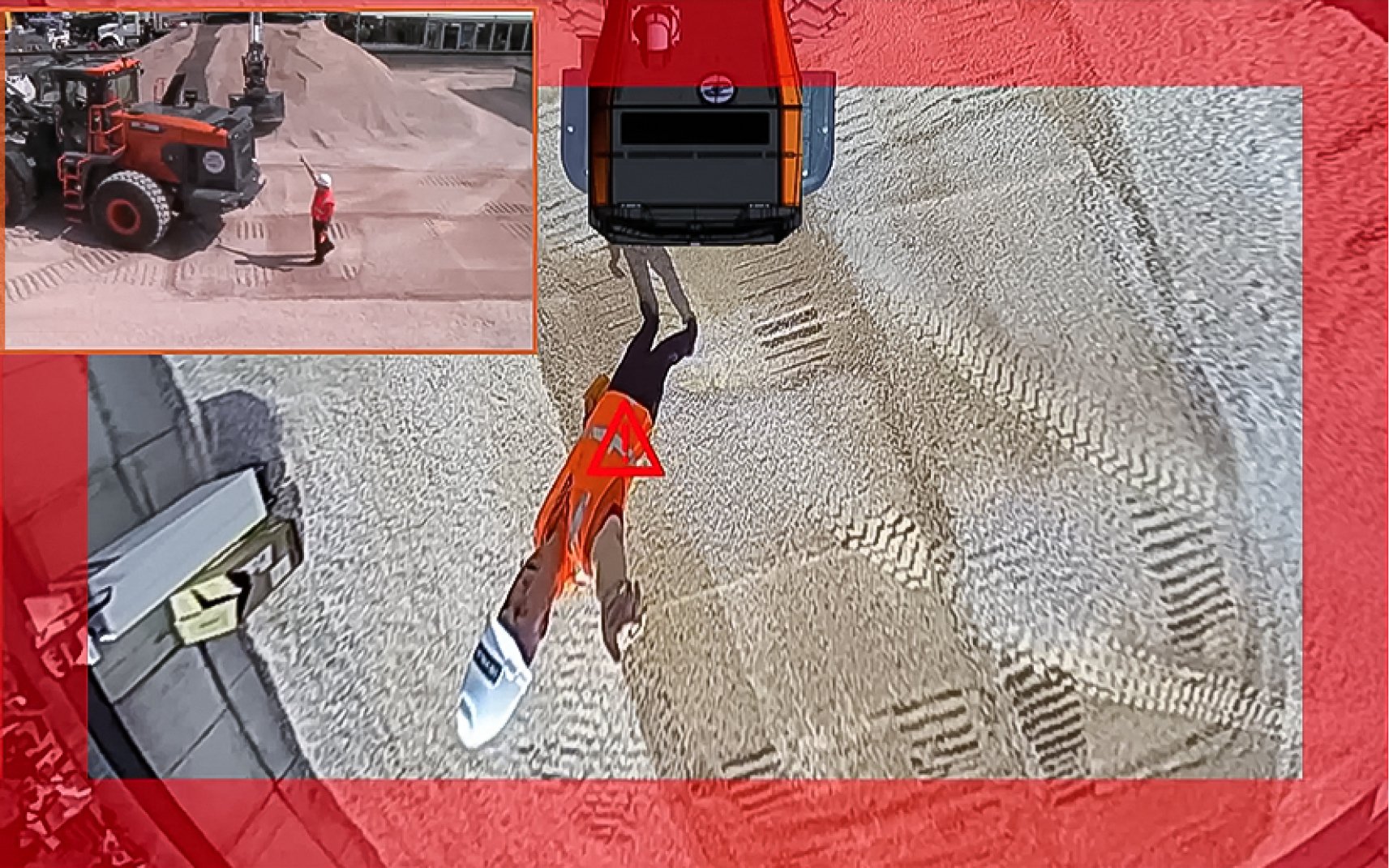 A red rectangle flashes around a possible hazard as seen on a monitor as part of the DEVELON object detection safety feature