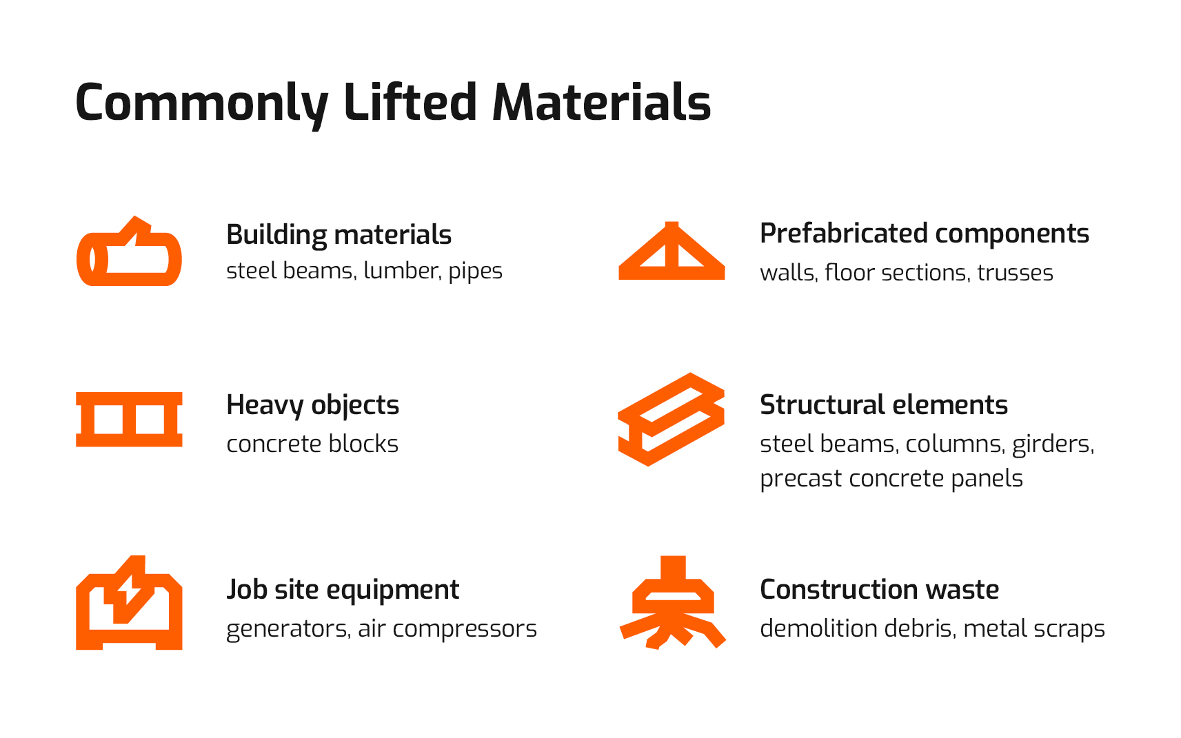 Materials commonly lifted with an excavator.